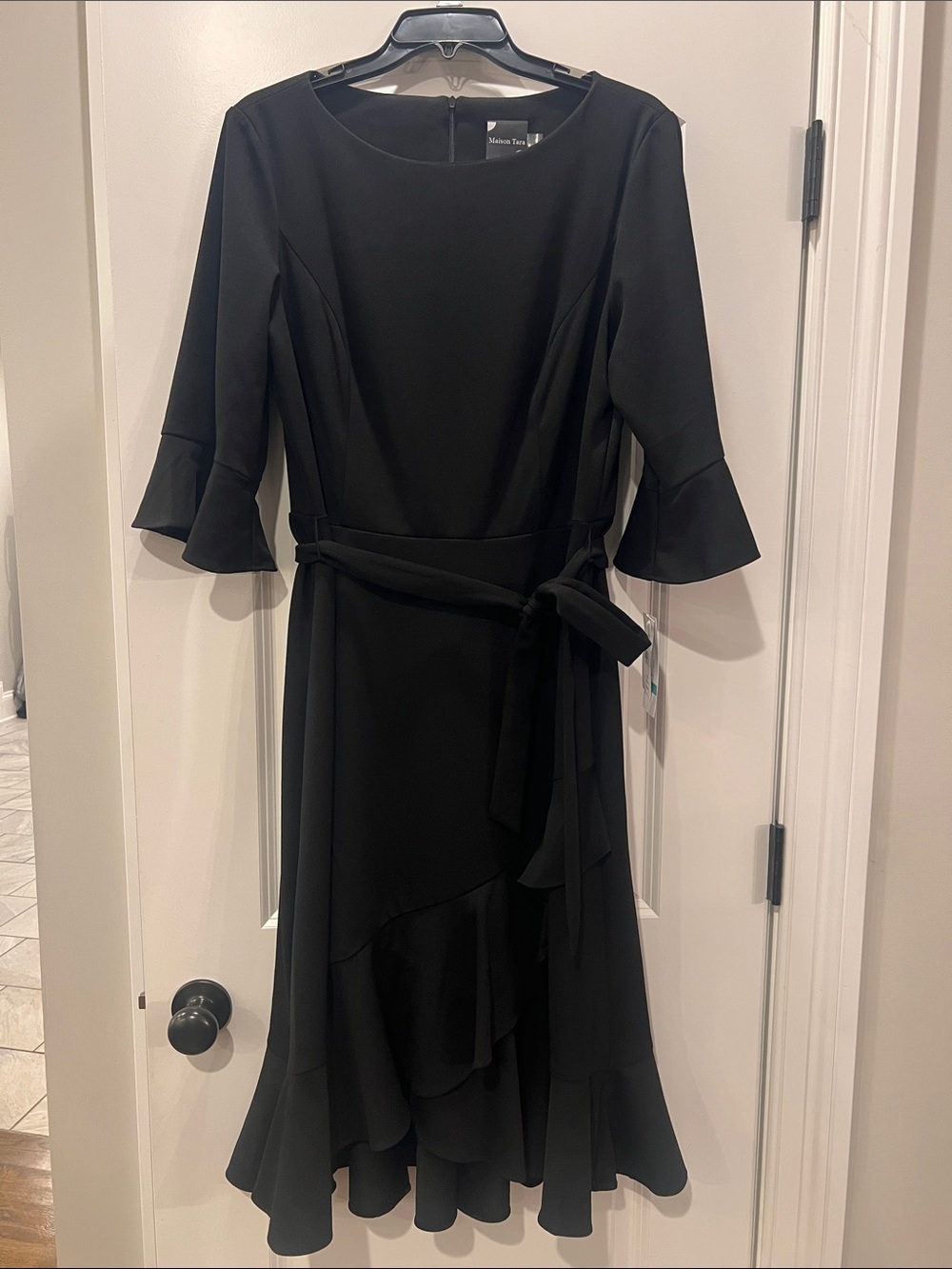 Maison Tara Black Ruffle-Hem Midi Dress with Tie Waist
